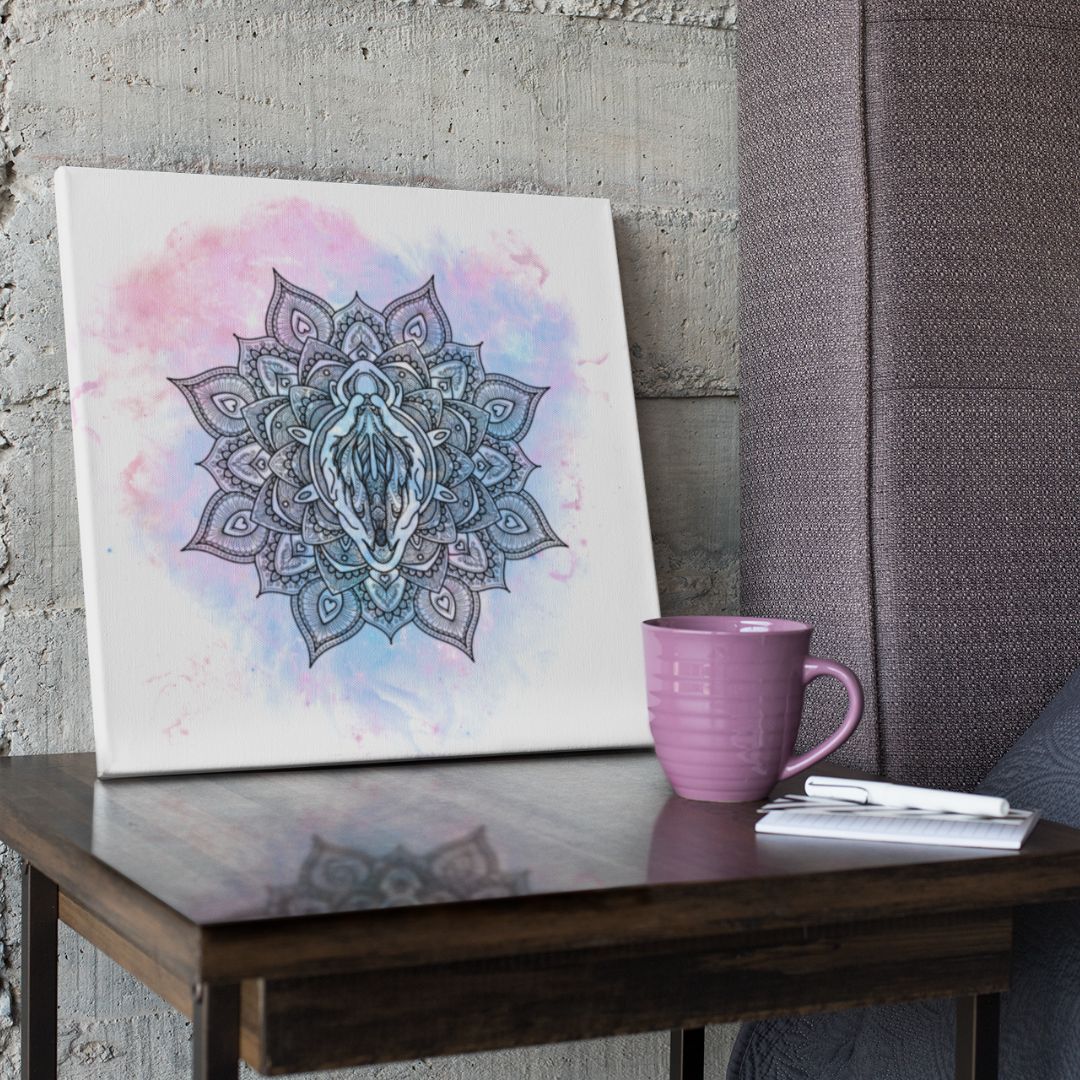 A photo of the Vulva Mandala Maria canvas print on a bedroom night table.