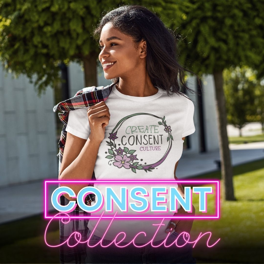 Consent Collection Featured Image - Photo of a model smiling outdoors while wearing the Create Consent Culture Floral design t-shirt.